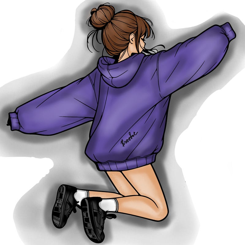 realistic girl jumping with a bun and oversized sweatshirt