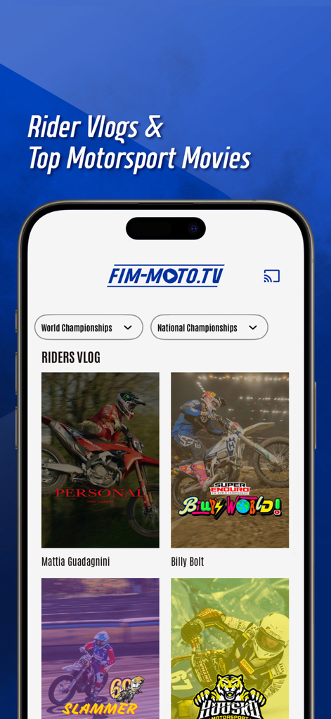 FIM-Moto TV - Capture d'écran de l'interface de l'application FIM-Moto TV montrant la section vlogs de pilotes avec du contenu de Mattia Guadagnini et Billy Bolt.