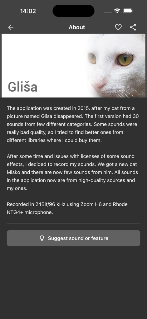 Cat Sounds - Meow Soundboard - About page of the Cat Sounds app showing the story of the cat Glisa and technical recording details