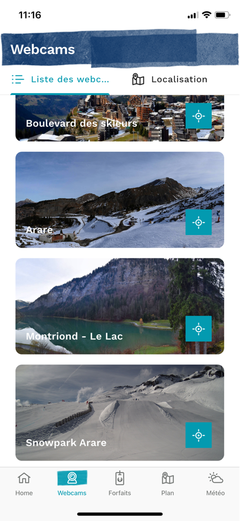 Avoriaz Up&Down - Live webcam list in the Avoriaz Up and Down app showing real-time ski resort views