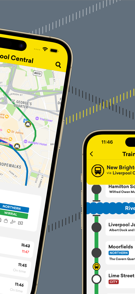 Two mobile screens displaying the Merseyrail app with a local rail map and real-time train schedule updates for Liverpool.