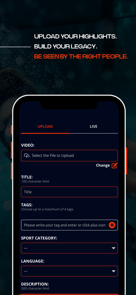 Discover Sport - Interface of the Discover Sport app showing the video upload screen for athletes to share highlights and build their legacy.