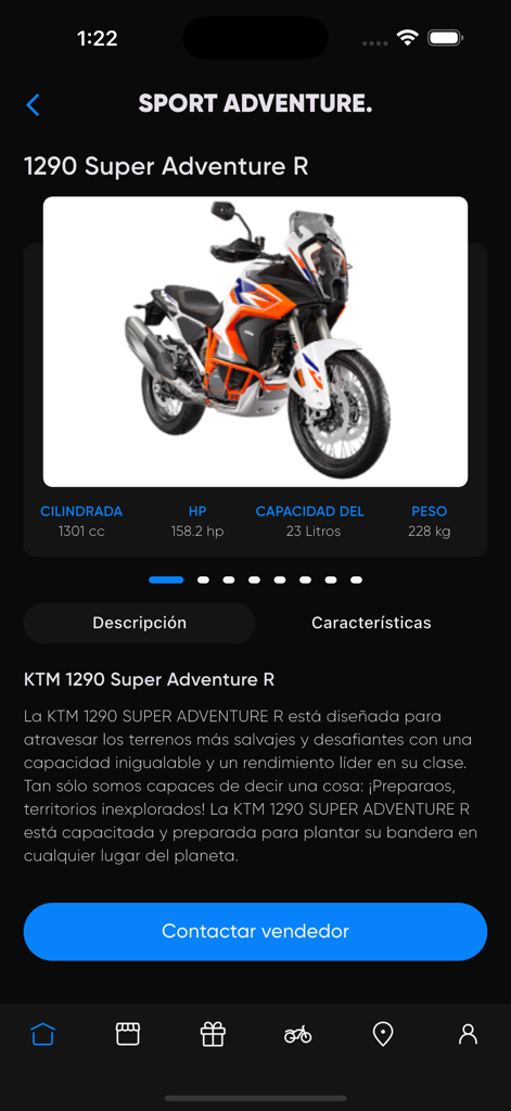 Sport Adventure - Page de détail d'une moto KTM 1290 Super Adventure R montrant les spécifications techniques et la description dans l'application mobile Sport Adventure.
