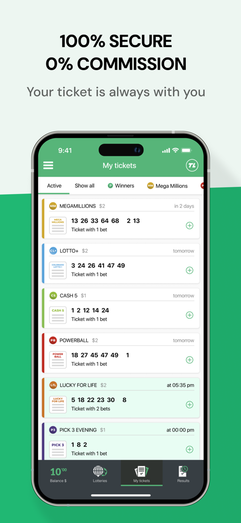 TuLotero Lottery App - Interfaccia dell'app TuLotero che mostra un elenco di biglietti della lotteria attivi, inclusi Mega Millions e Powerball.