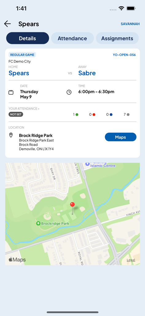 PowerUp Connect - PowerUp Connect app screen displaying game details for Spears vs Sabre including date time and field location on a map