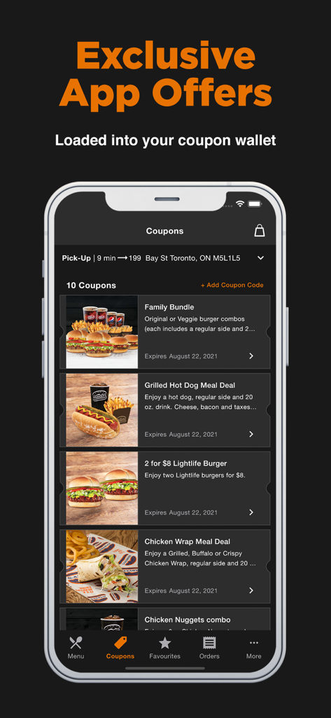 Harvey's - Harvey's mobile app displaying the coupon wallet with various exclusive food offers and meal deals.