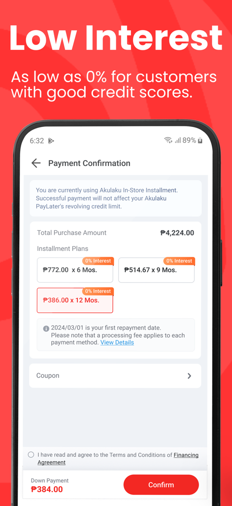 Payment confirmation screen on Akulaku PayLater app showing zero percent interest installment plans for a purchase