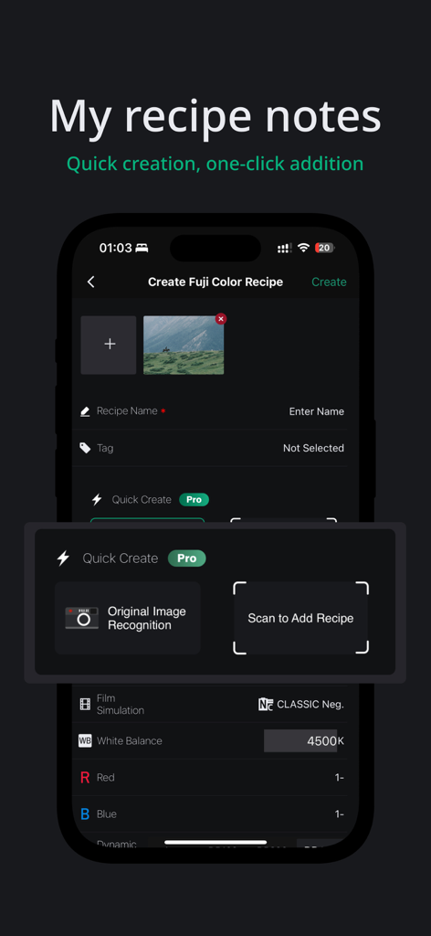 FujiStyle - Film Recipes Frame - FujiStyle app interface for creating custom Fujifilm color recipes with original image recognition.