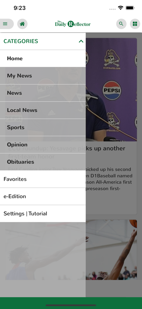 Reflector NC - Side navigation menu of the Reflector NC app showing categories like Local News Sports and Obituaries