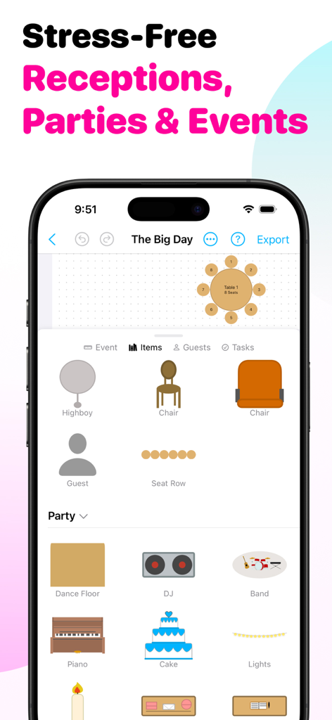 Wedding Seating Chart Planner - Seat Puzzle app interface showing a library of event icons like chairs, dance floors, and DJ booths for floor plan design.