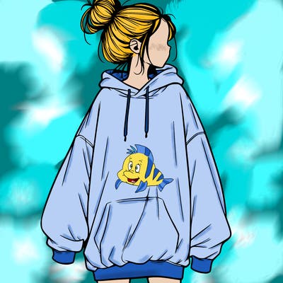 realistic girl with a oversized sweatshirt on and a bun