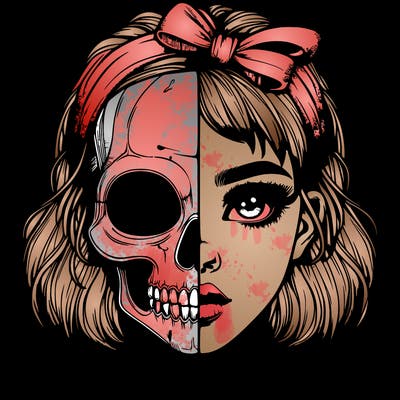 realistic girl with half skull mask