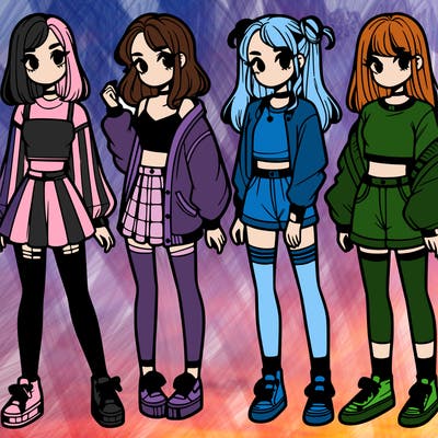 one girl with crop-top shirt and a jacket with a skirt, long socks and another girl with a shirt and pants with a jacket