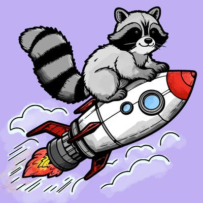 realistic raccoon flying on top rocket ship