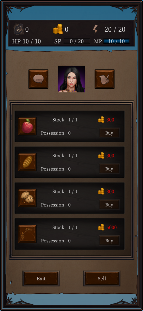 Ax RPG II - Menu de boutique en jeu dans Ax RPG II montrant des articles à vendre comme de la nourriture et des matériaux d'artisanat auprès d'un personnage PNJ féminin