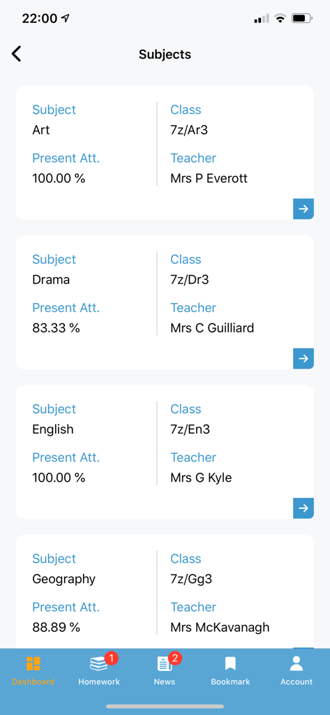 Bromcom Student App - Bromcom Student App displaying a list of school subjects with attendance percentages and teacher names