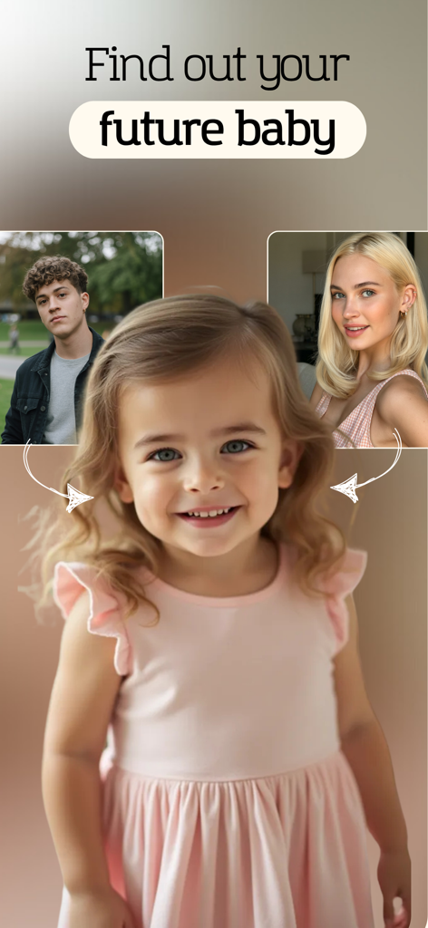 Baby Generator - FaceCast - AI-powered app interface showing a generated future baby based on photos of two parents