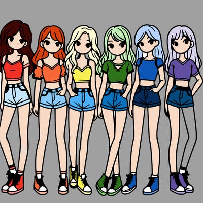 a group of girls wearing crop tops and shorts