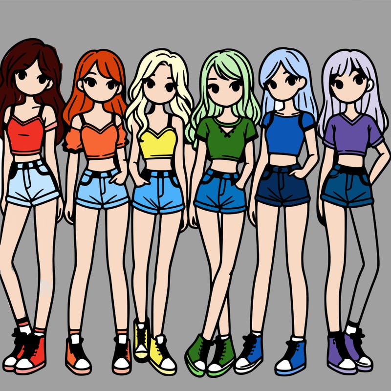 a group of girls wearing crop tops and shorts