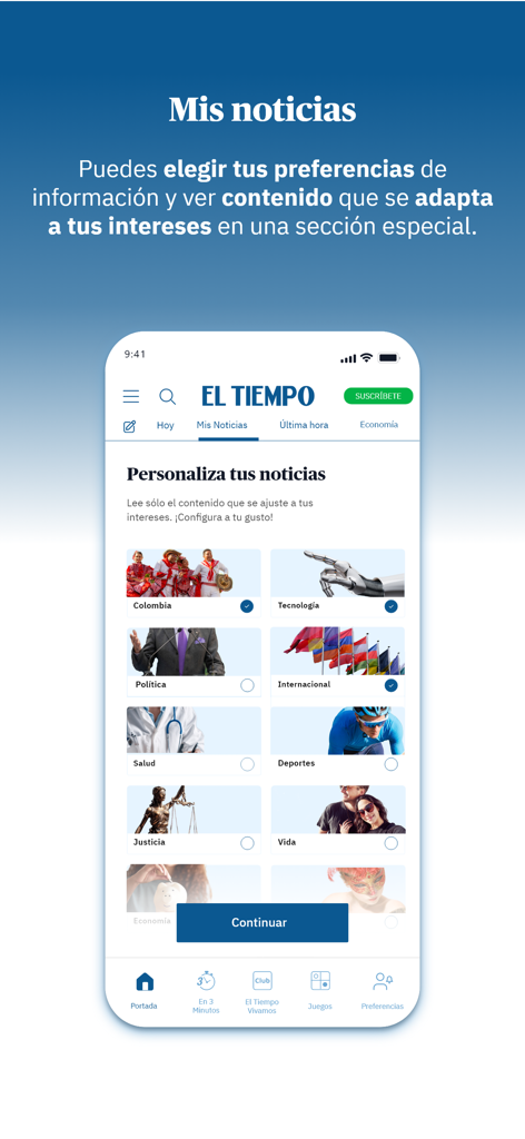 Periódico EL TIEMPO - Noticias - Smartphone screen showing news topic selection for personalizing the El Tiempo app feed including categories like Colombia technology and international news