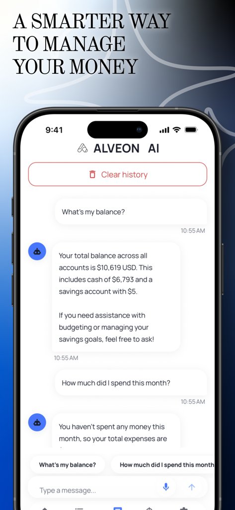 Alveon: Expense & Income Track - Interface of Alveon app showing an AI chatbot providing financial insights on balance and monthly spending