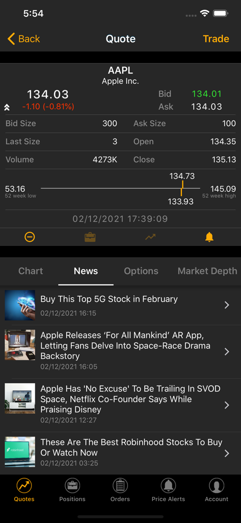 AAPL stock quote and news feed in the SogoTrade Pro mobile app