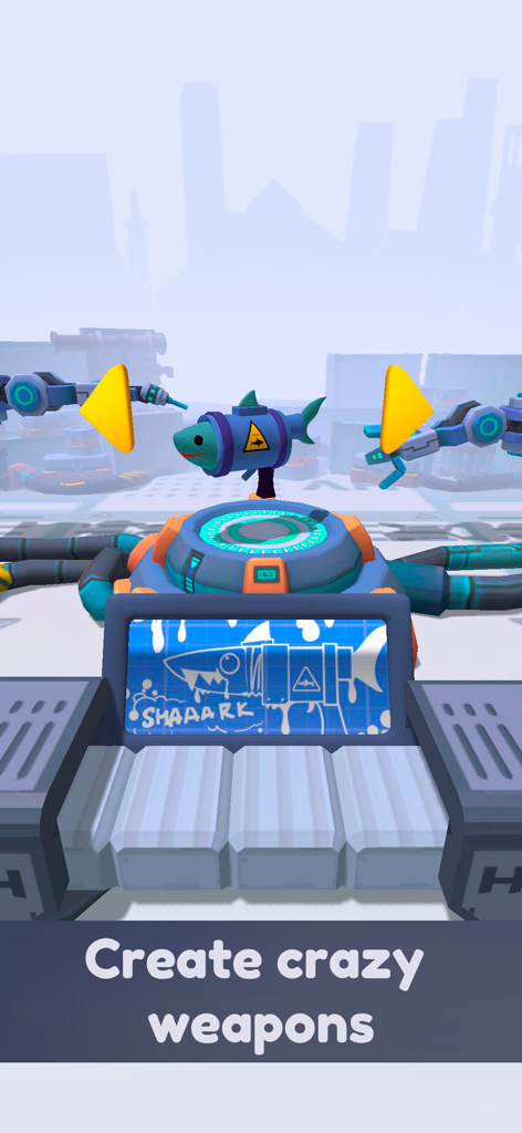 A shark shaped gun being created in the Crazy Gun Inventor mobile game