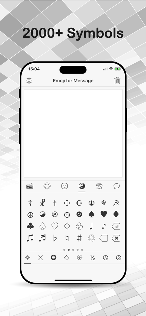 Emoji for Message Pro - Ein Screenshot der App Emoji für Nachricht Pro, der eine iOS-Tastaturschnittstelle mit einer Vielzahl von Symbolen wie Musiknoten und Formen zeigt.
