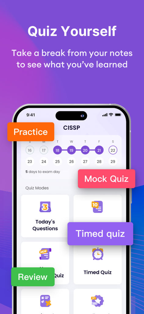 CISSP Exam Prep 2026 - Screenshot of the CISSP Exam Prep 2026 app showing different quiz modes including timed and mock exams with a study schedule.