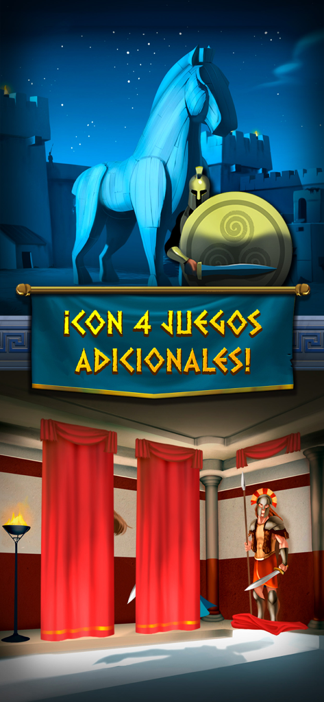 Troya - Máquina Tragaperras - Promotional screen for the Troya slot game featuring the Trojan Horse and Greek warriors highlighting four additional mini games