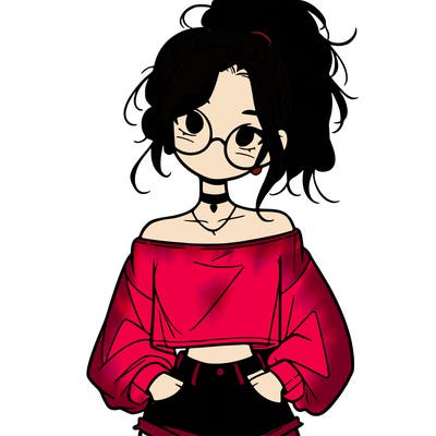 girl with a messy ponytail glasses a baggy crop top and jean shorts