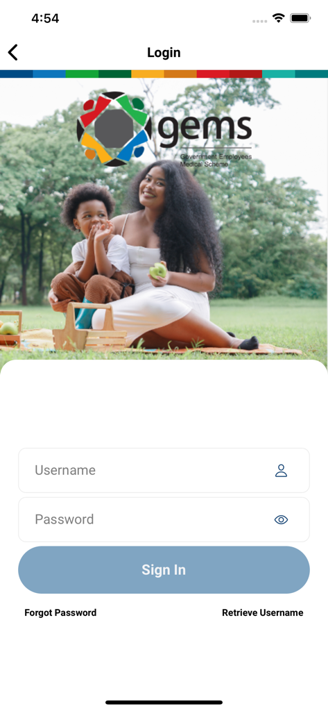 GEMS Member app login page with username and password fields and a background photo of a family on a picnic