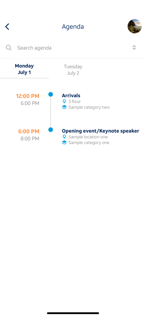 Tela de agenda do aplicativo AT&T attend mostrando a programação de um evento corporativo com horários e locais das sessões