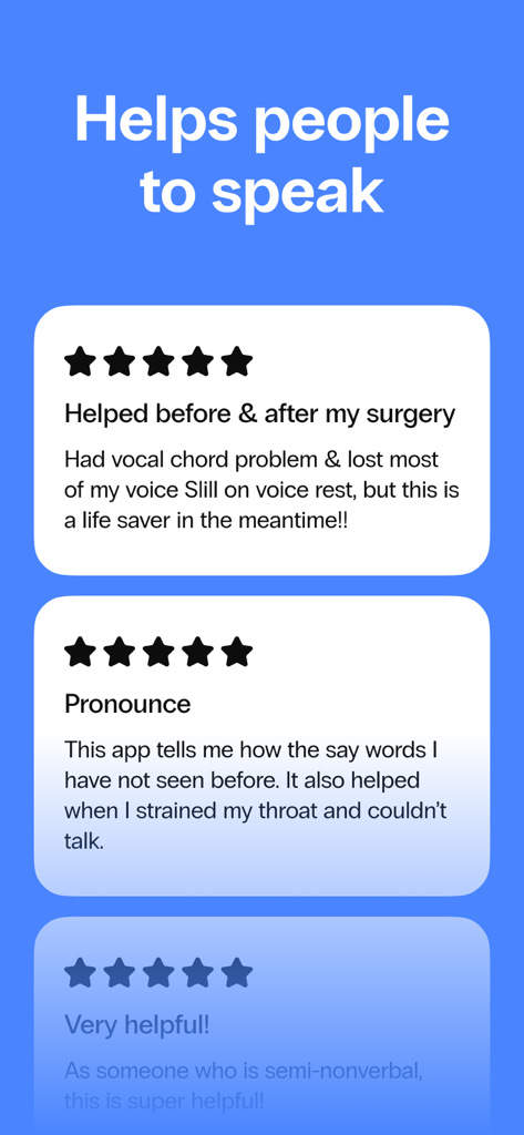 Type & Speak - Text to Speech - Captura de pantalla de reseñas de usuarios de la aplicación Type and Speak que muestran cómo ayuda a personas con problemas vocales y comunicación no verbal