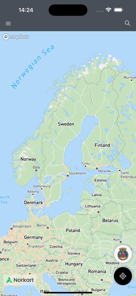 Vista del mapa de Noruega y Escandinavia en la aplicación Kommunekart