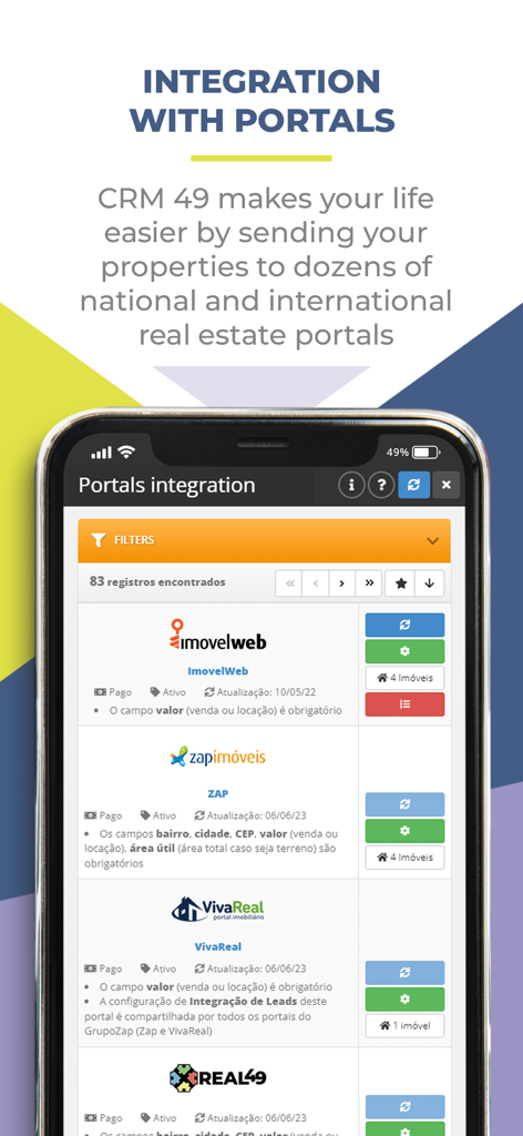 CRM 49 - CRM 49 app interface showing property integration with various real estate portals