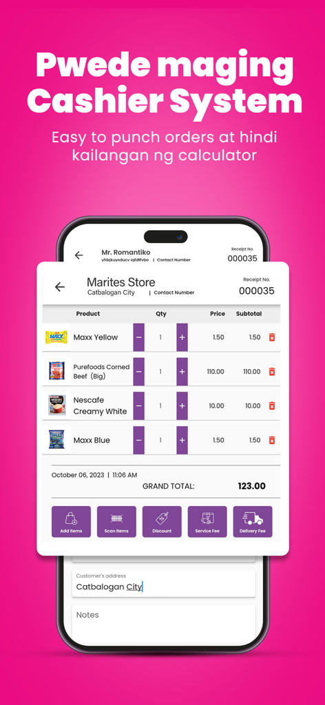 Pantalla móvil que muestra la interfaz del sistema de caja TPV de Peddlr con una lista de productos detallada y el total general de una transacción minorista