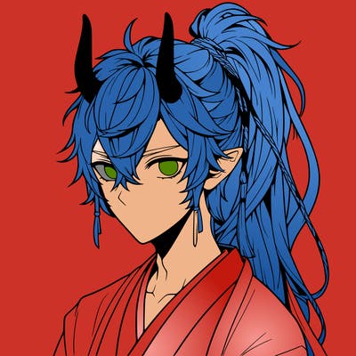 realistic anime boy with horns and long messy hair in ponytail