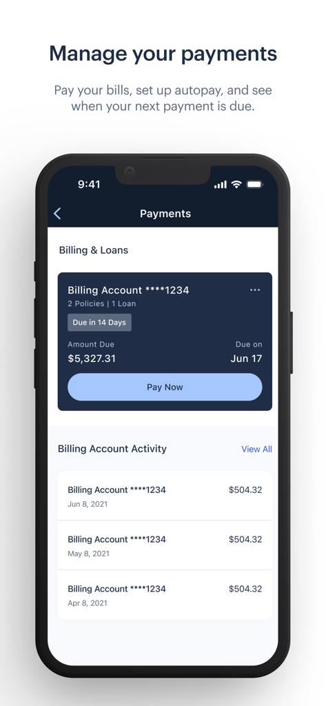 Northwestern Mutual - Northwestern Mutual mobile app screen showing billing and loan payment management features