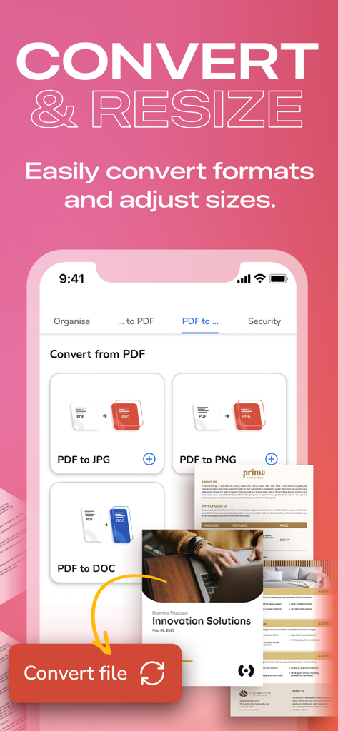 PDFファイルをJPG、PNG、DOC形式に変換するオプションを示すモバイルアプリのインターフェース