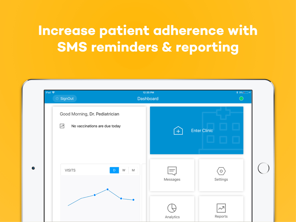 Docon EMR app dashboard on an iPad showing visit analytics and patient reminders.