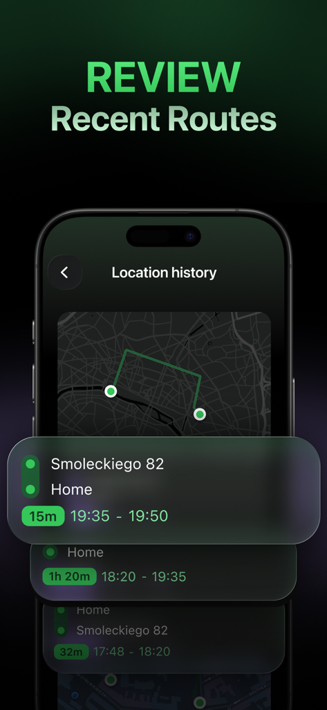 Location Tracker & GPS - Lokka - Lokka app interface showing recent routes and location history with map and timestamps
