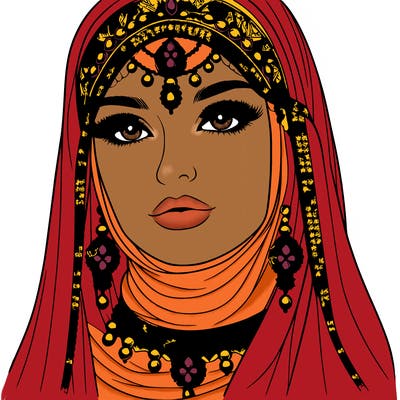 realistic woman with a veil covering her hair and mouth, muslim. the veil contains details with jewels. she has beautiful jewelry.
