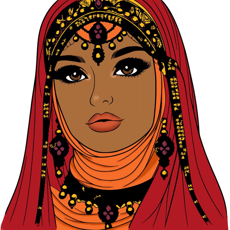 realistic woman with a veil covering her hair and mouth, muslim. the veil contains details with jewels. she has beautiful jewelry.