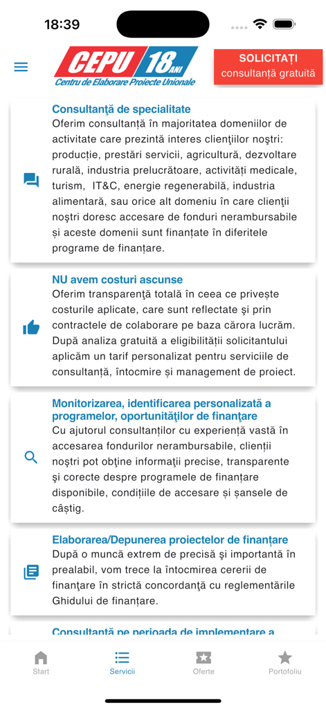 Interface of the Fonduri UE app displaying consulting services for non-reimbursable European Union grants.