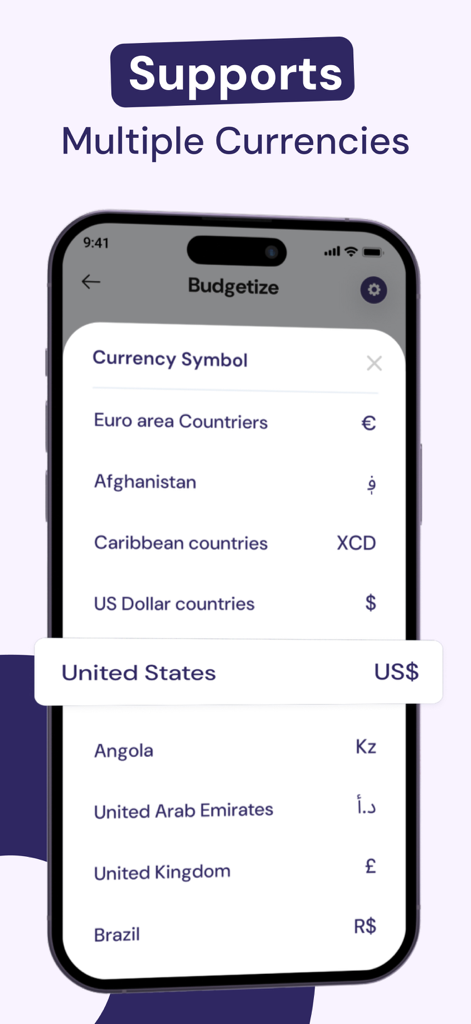Smart Budget Planner app screenshot showing a list of international currency options for manual tracking.
