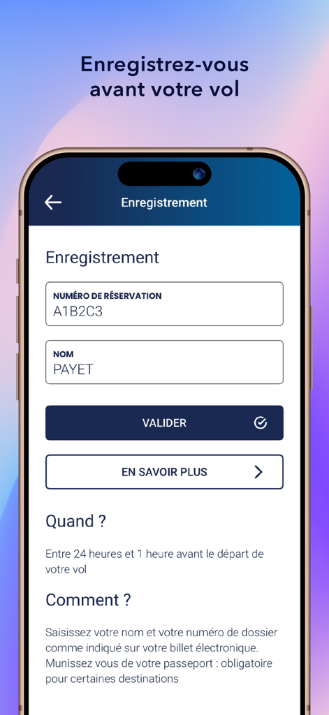 Air Austral mobile app check-in interface with reservation number and name input fields