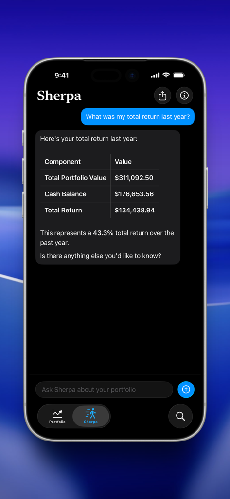 Summit: Portfolio Tracking - Sherpa KI-Assistent in der Summit App mit Zusammenfassung der jährlichen Portfolio-Performance und Erträge