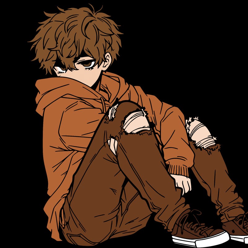 a male hoddie ripped jeans messy hair anime