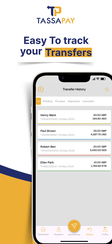 Tassapay - Tassapay mobile app interface showing transfer history with details on sent amounts and recipient names.